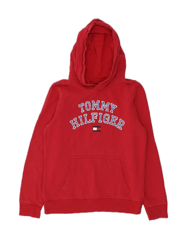 men's pullover hoodie with pockets -TOMMY HILFIGER Boys Graphic Hoodie Jumper 13-14 Years Red Cotton