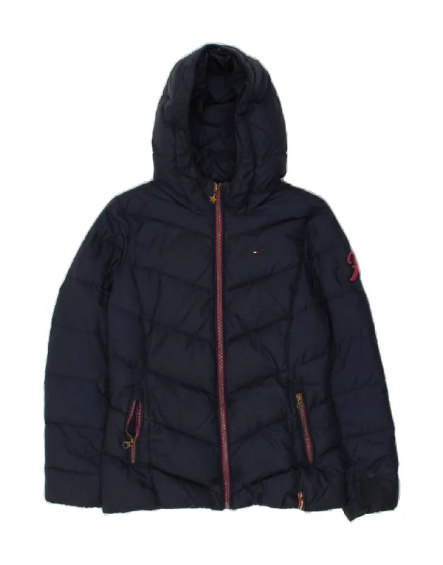 men's wind-resistant jackets -TOMMY HILFIGER Girls Hooded Padded Jacket 11-12 Years Navy Blue Nylon