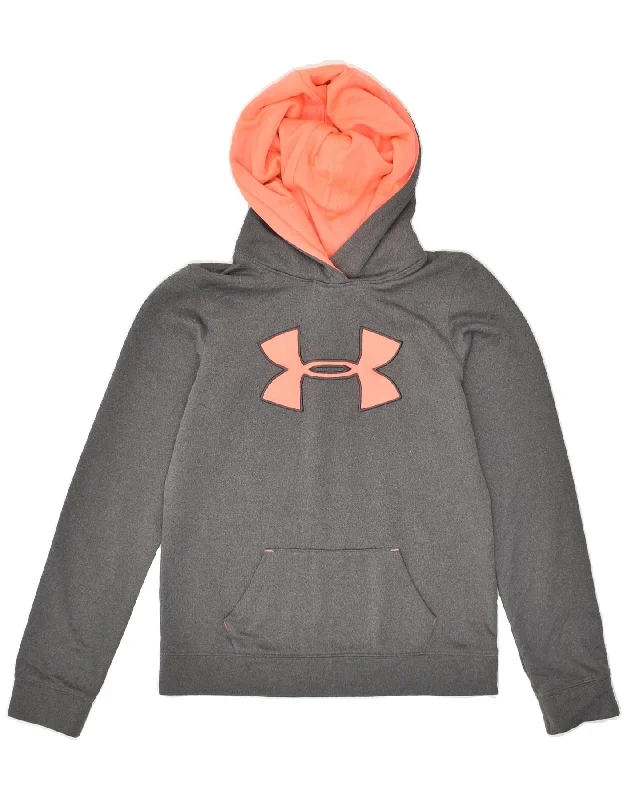 men's pullover hoodie with drawstrings -UNDER ARMOUR Boys Graphic Hoodie Jumper 10-11 Years Medium Grey Polyester