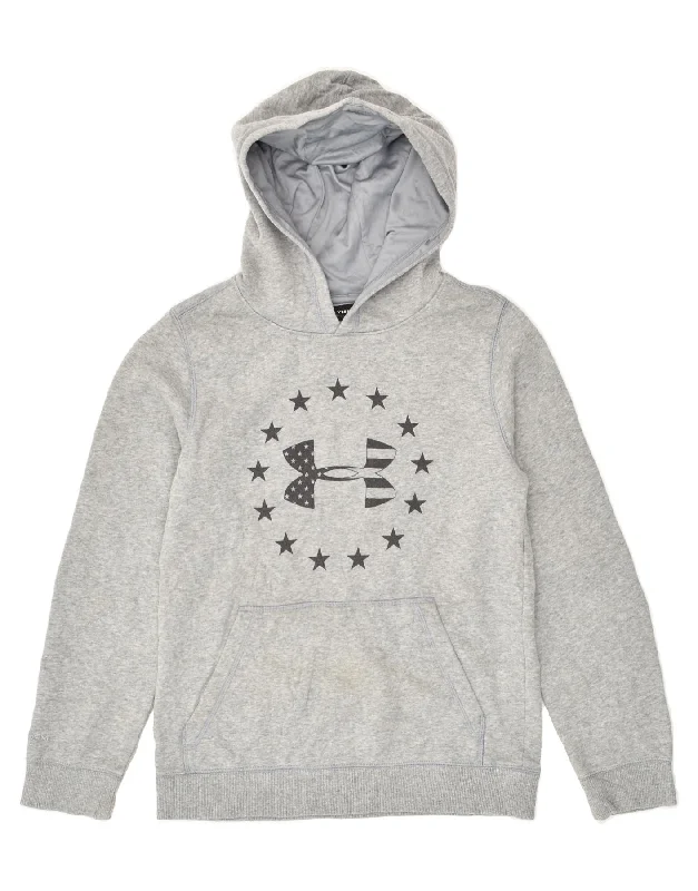 men's workout sweatshirt hoodies -UNDER ARMOUR Boys Graphic Hoodie Jumper 11-12 Years Large Grey Cotton