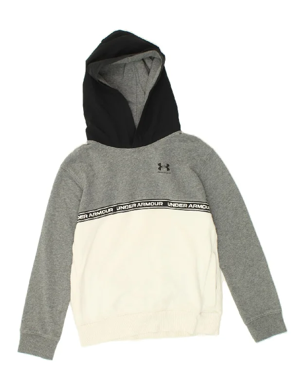 men's oversized hoodie sweatshirt -UNDER ARMOUR Boys Graphic Hoodie Jumper 9-10 Years Medium Grey Colourblock