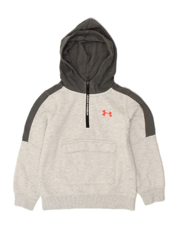 men's hoodie with zippered pockets -UNDER ARMOUR Boys Zip Neck Hoodie Jumper 5-6 Years Grey Colourblock Cotton