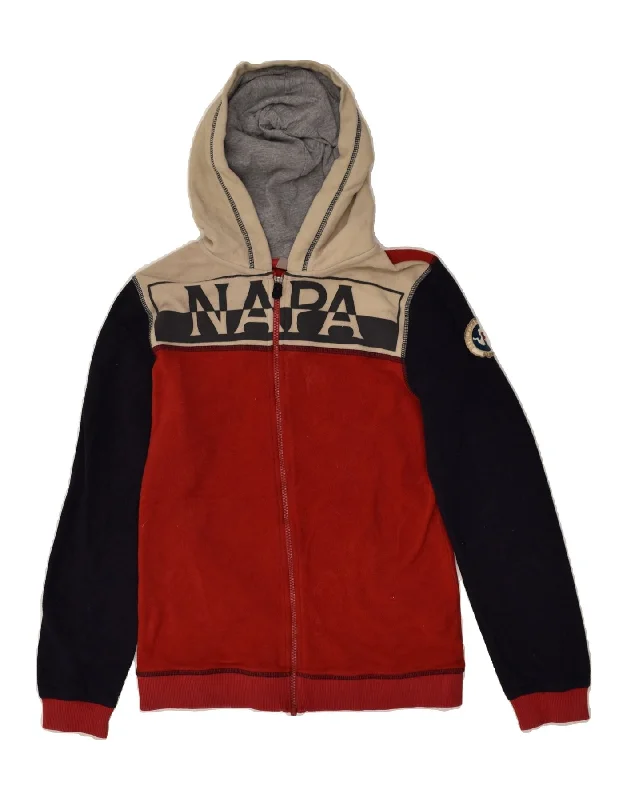 men's varsity jackets -NAPAPIJRI Boys Graphic Hooded Fleece Jacket 15-16 Years Red Colourblock