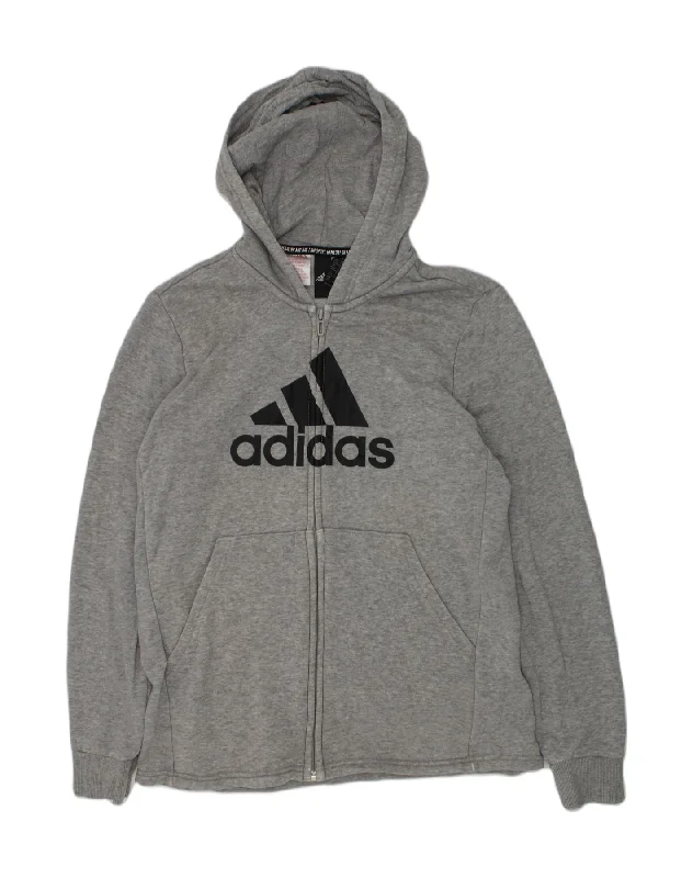 ADIDAS Boys Graphic Zip Hoodie Sweater 13-14 Years Grey Cotton