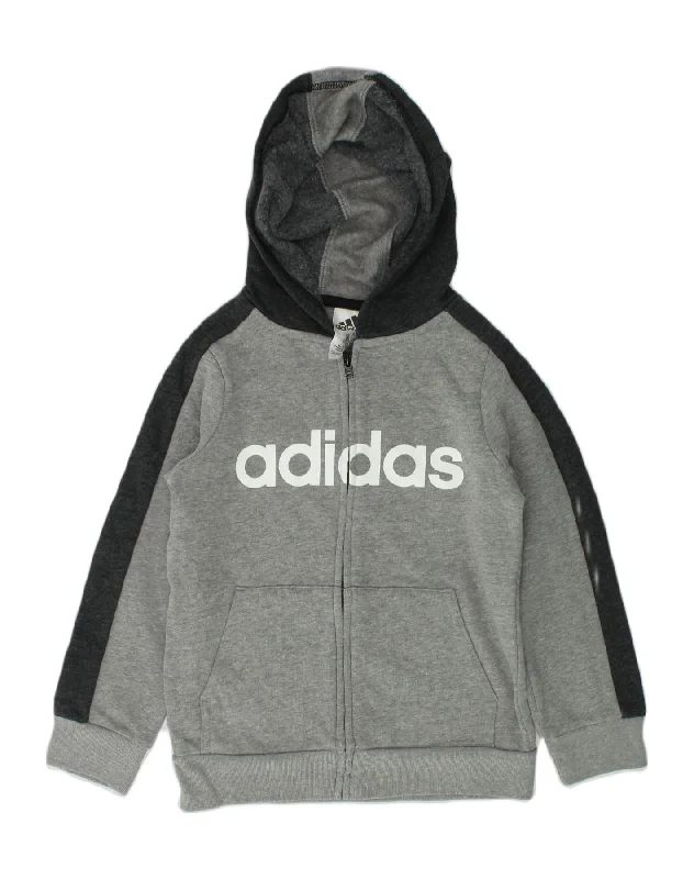 ADIDAS Boys Graphic Zip Hoodie Sweater 5-6 Years Grey Colourblock Cotton