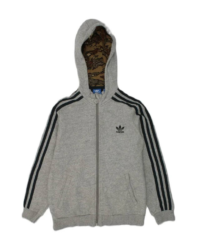 ADIDAS Boys Zip Hoodie Sweater 10-11 Years Grey Cotton