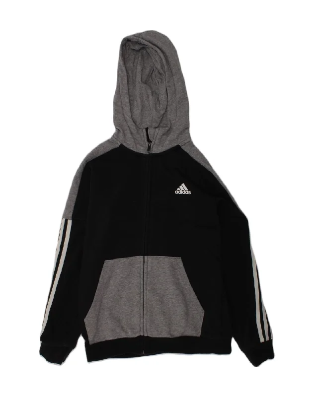 ADIDAS Boys Zip Hoodie Sweater 11-12 Years Black Colourblock Cotton