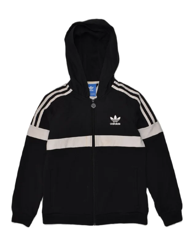 ADIDAS Boys Zip Hoodie Sweater 11-12 Years Black Striped Polyester