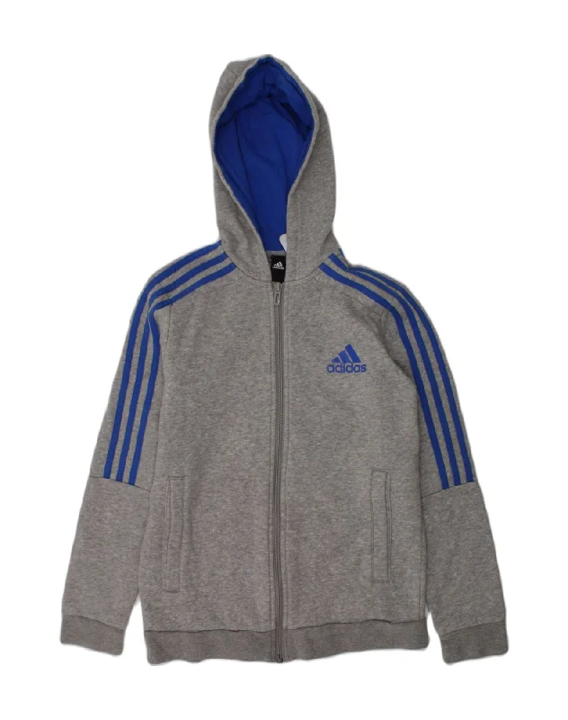 ADIDAS Boys Zip Hoodie Sweater 11-12 Years Grey Cotton