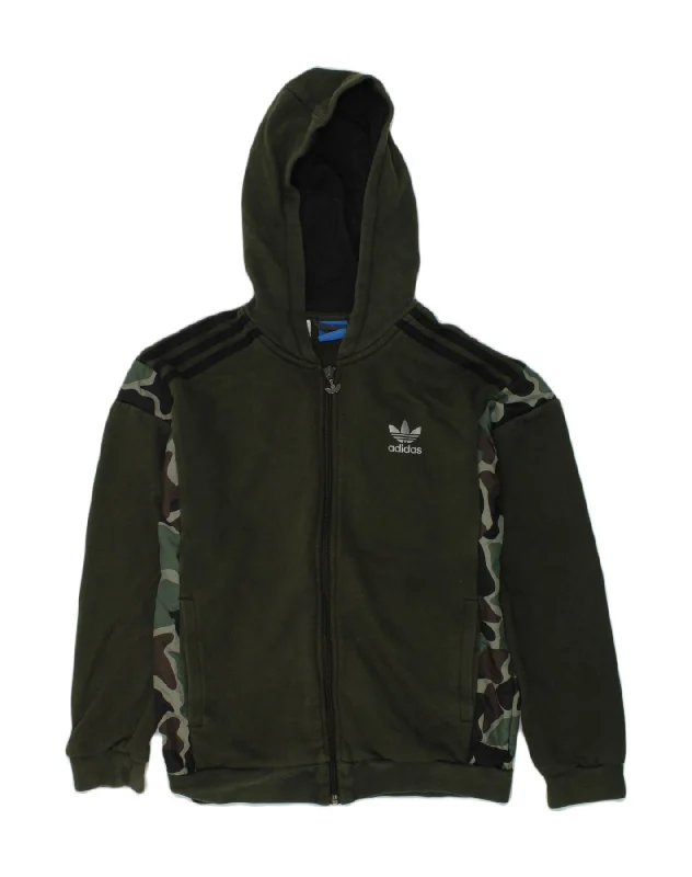 ADIDAS Boys Zip Hoodie Sweater 11-12 Years Khaki Camouflage Cotton