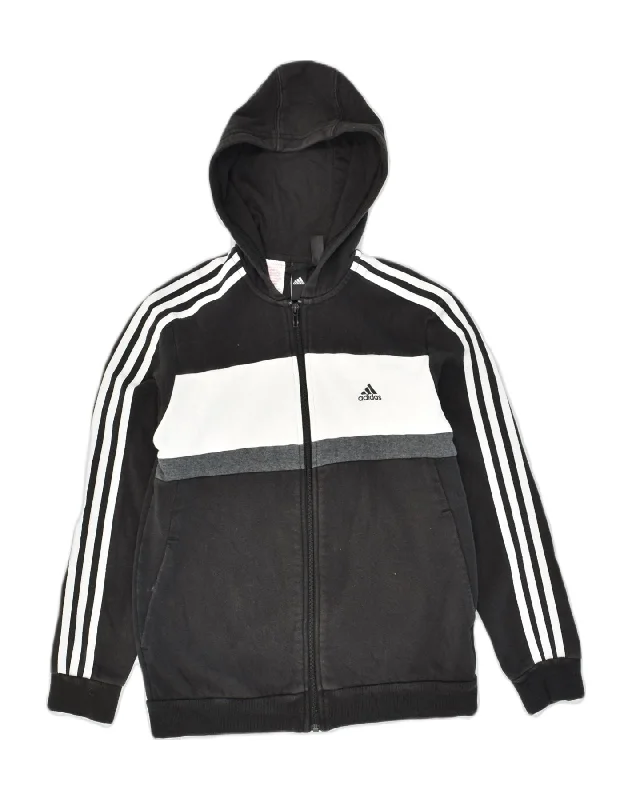 ADIDAS Boys Zip Hoodie Sweater 13-14 Years Black Colourblock Cotton