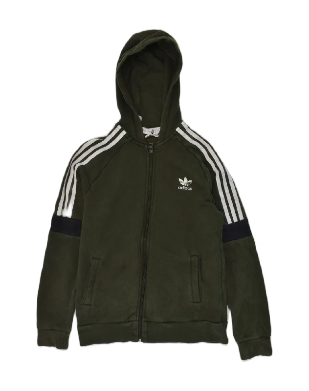 ADIDAS Boys Zip Hoodie Sweater 13-14 Years Green Colourblock Cotton