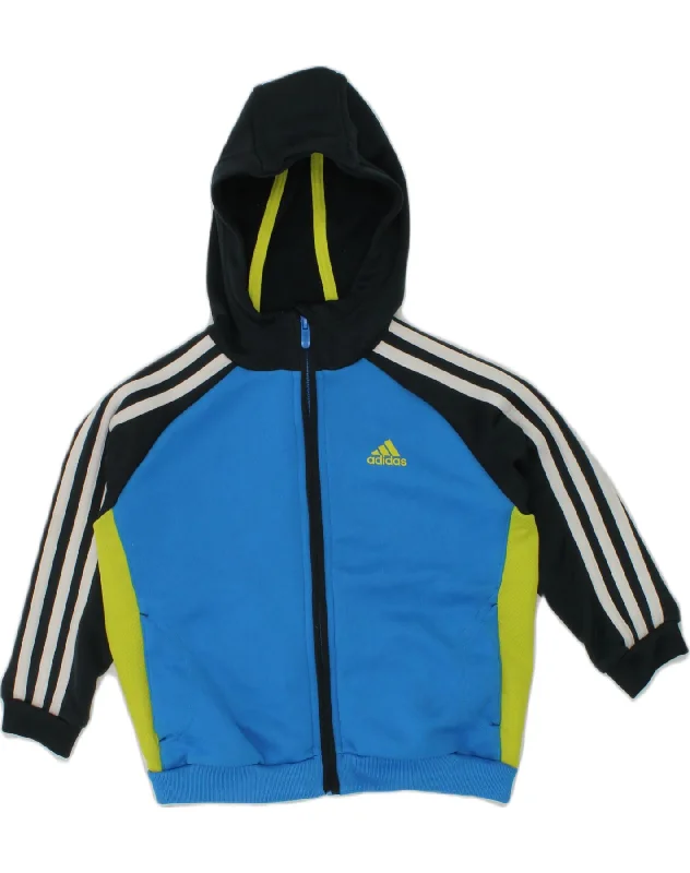 ADIDAS Boys Zip Hoodie Sweater 3-4 Years Blue Colourblock Polyester