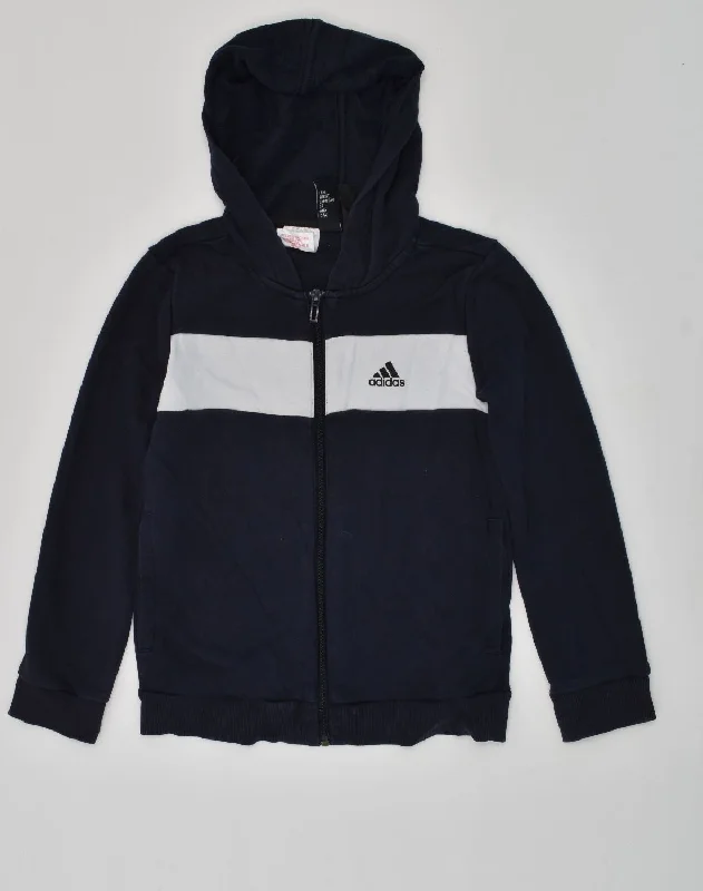 ADIDAS Boys Zip Hoodie Sweater 7-8 Years Navy Blue Cotton