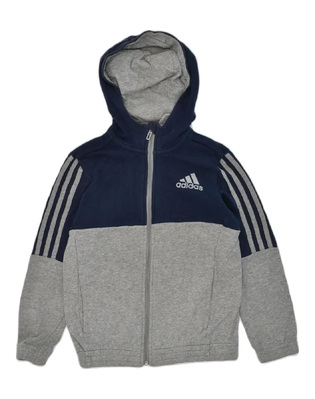 ADIDAS Boys Zip Hoodie Sweater 9-10 Years Navy Blue Colourblock Cotton