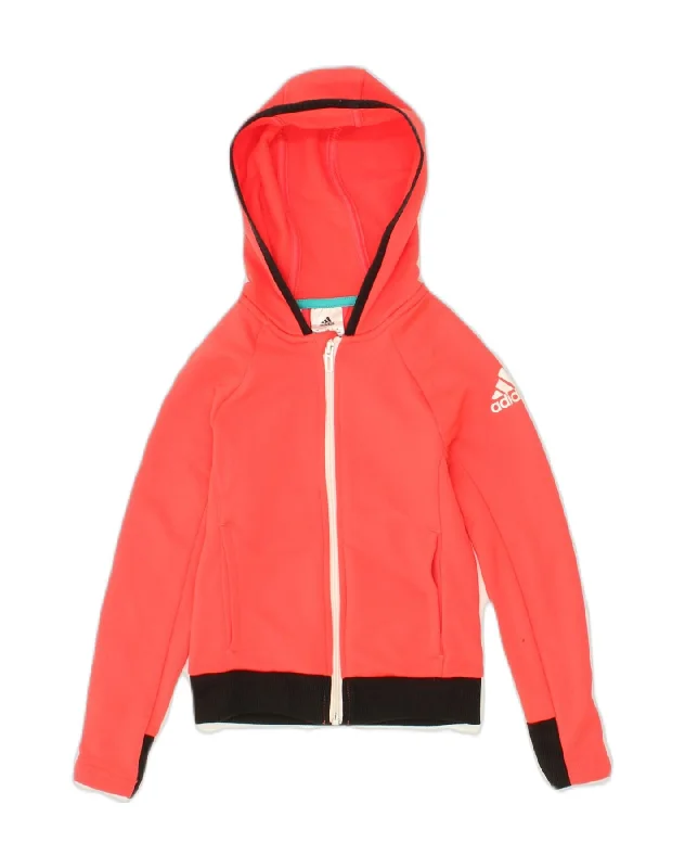 ADIDAS Girls Graphic Zip Hoodie Sweater 7-8 Years Red Colourblock