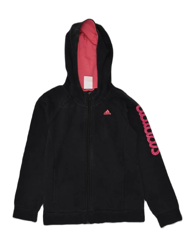 ADIDAS Girls Graphic Zip Hoodie Sweater 9-10 Years Black Cotton