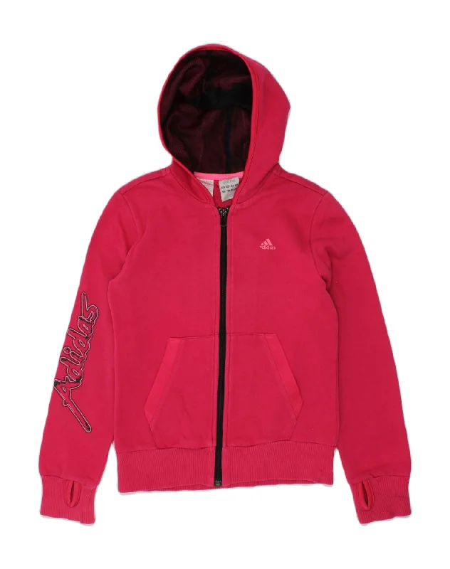 ADIDAS Girls Graphic Zip Hoodie Sweater 9-10 Years Pink Cotton