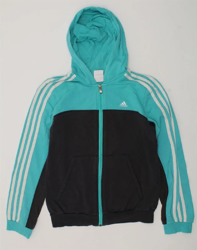 ADIDAS Girls Zip Hoodie Sweater 11-12 Years Blue Colourblock Cotton