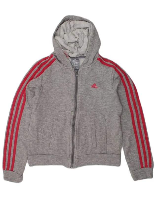 ADIDAS Girls Zip Hoodie Sweater 11-12 Years Grey Cotton