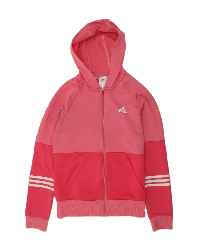 ADIDAS Girls Zip Hoodie Sweater 13-14 Years Pink Colourblock Polyester