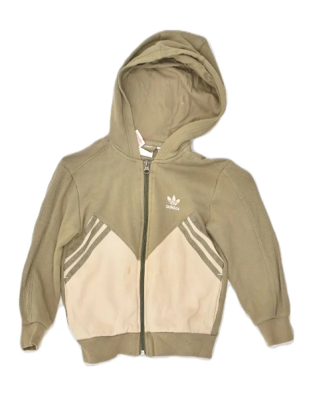 ADIDAS Girls Zip Hoodie Sweater 5-6 Years Khaki Colourblock Cotton