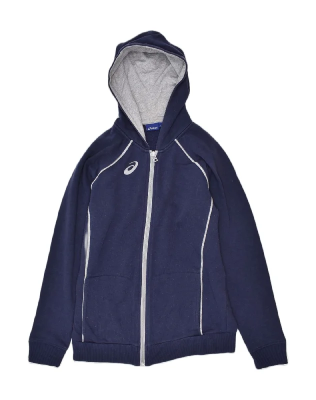 ASICS Boys Zip Hoodie Sweater 14-15 Years Navy Blue Cotton