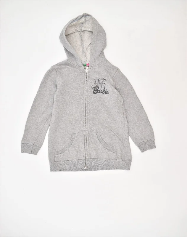 BENETTON Girls Barbie Graphic Zip Hoodie Sweater 6-7 Years Grey Cotton