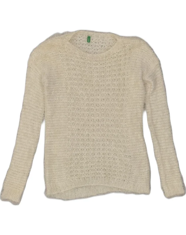 BENETTON Girls Crew Neck Jumper Sweater 13-14 Years Off White Acrylic