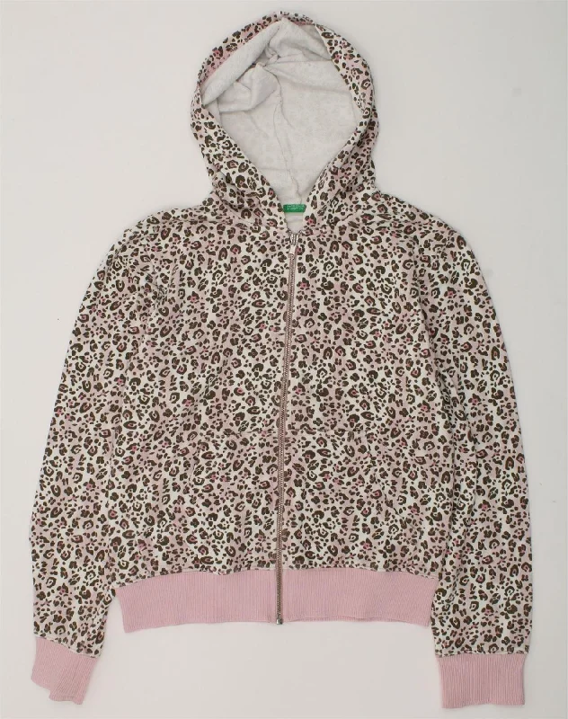 BENETTON Girls Zip Hoodie Sweater 10-11 Years XL Brown Animal Print Cotton