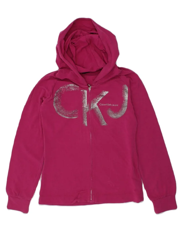 CALVIN KLEIN Girls Graphic Zip Hoodie Sweater 9-10 Years Pink Cotton