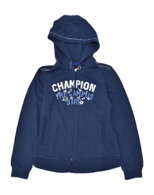 CHAMPION Boys Graphic Zip Hoodie Sweater 11-12 Years Large Navy Blue