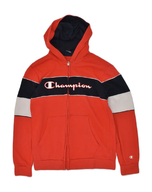 CHAMPION Boys Graphic Zip Hoodie Sweater 13-14 Years XL Orange Colourblock