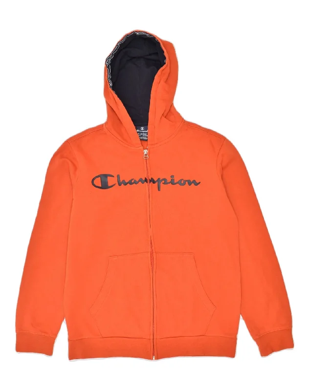 CHAMPION Boys Graphic Zip Hoodie Sweater 13-14 Years XL Orange Cotton