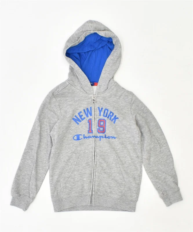 CHAMPION Boys Graphic Zip Hoodie Sweater 5-6 Years XS Grey Cotton