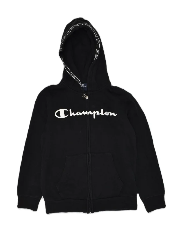 CHAMPION Boys Graphic Zip Hoodie Sweater 9-10 Years Medium Black Cotton