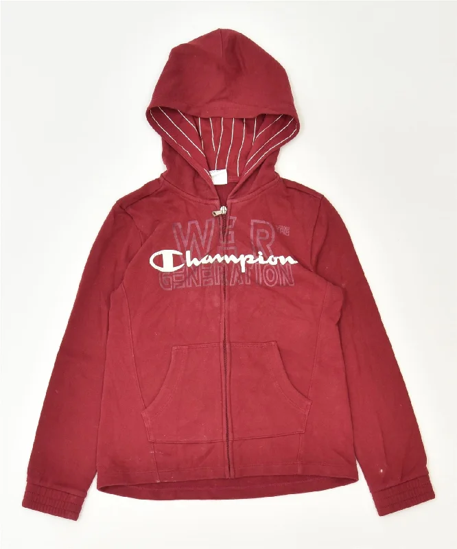 CHAMPION Boys Graphic Zip Hoodie Sweater 9-10 Years Medium Maroon Sports