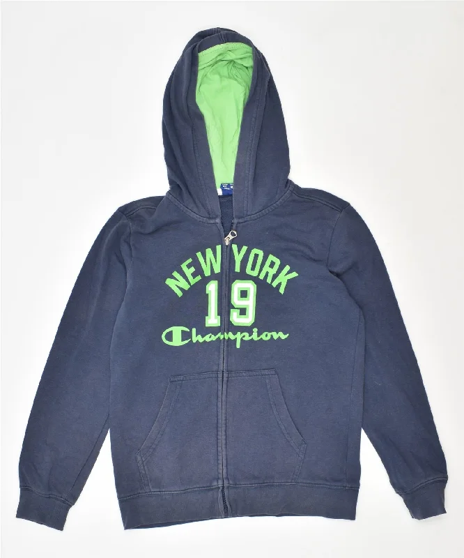 CHAMPION Boys Graphic Zip Hoodie Sweater 9-10 Years Medium Navy Blue