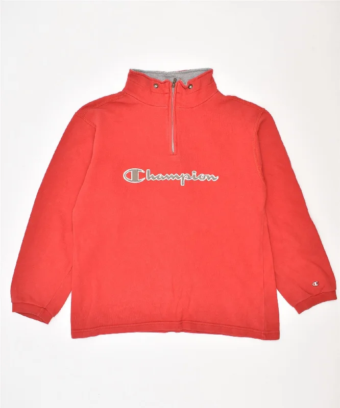 CHAMPION Boys Graphic Zip Neck Jumper Sweater 11-12 Years Red Cotton