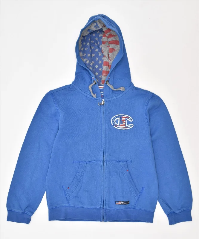 CHAMPION Boys Zip Hoodie Sweater 7-8 Years Small Blue Cotton