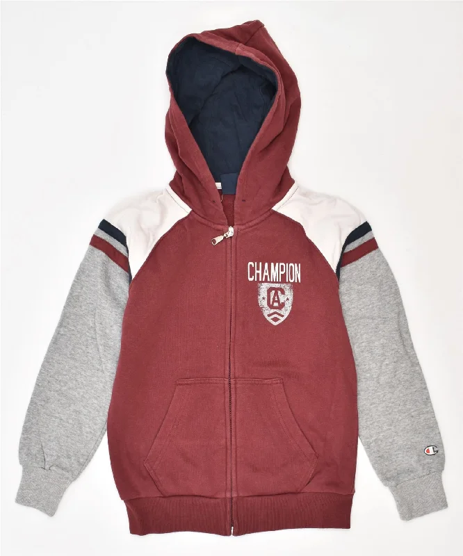 CHAMPION Boys Zip Hoodie Sweater 7-8 Years Small Burgundy Cotton