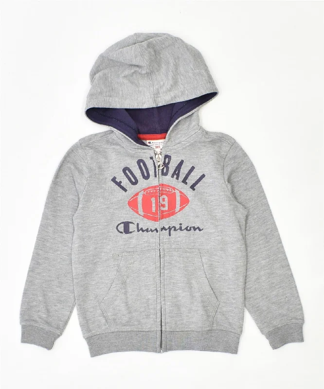 CHAMPION Girls Graphic Zip Hoodie Sweater 3-4 Years 2XS Grey Cotton