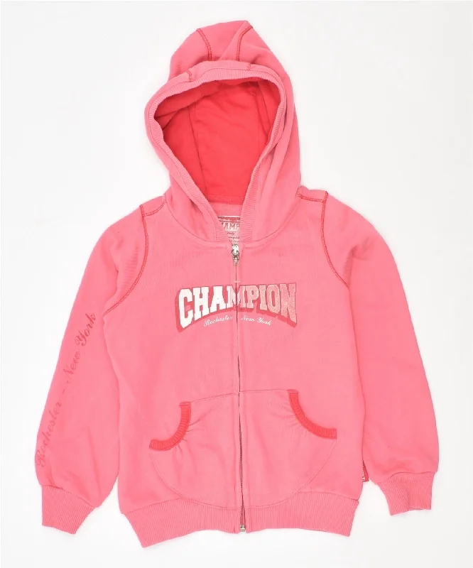 CHAMPION Girls Graphic Zip Hoodie Sweater 5-6 Years XS Pink Cotton