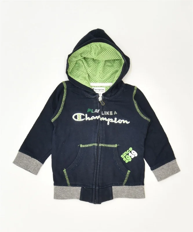 CHAMPION Girls Graphic Zip Hoodie Sweater 6-9 Months XS Navy Blue Sports