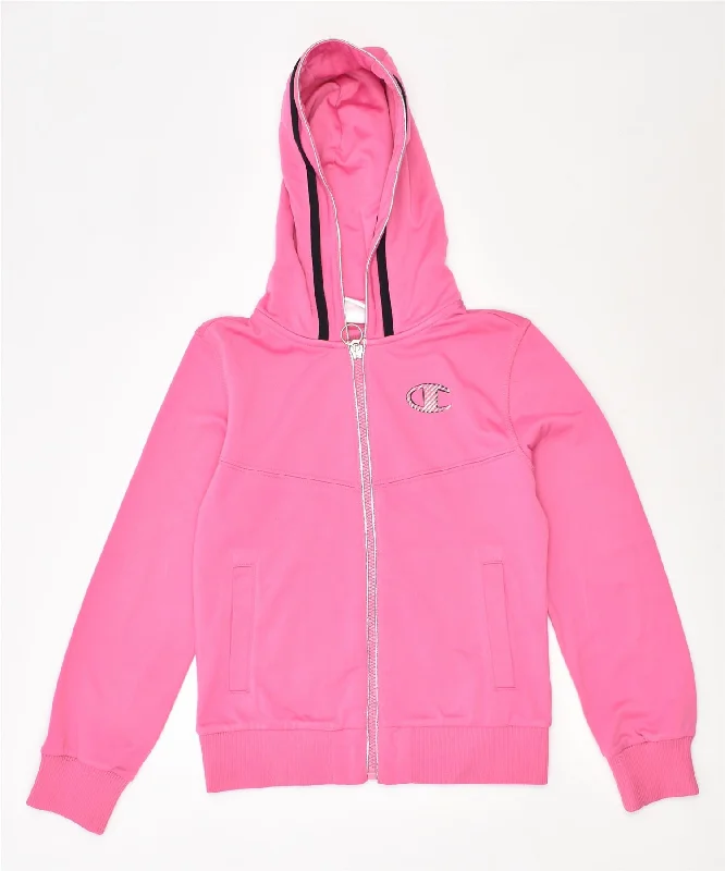 CHAMPION Girls Zip Hoodie Sweater 7-8 Years Small Pink Polyester