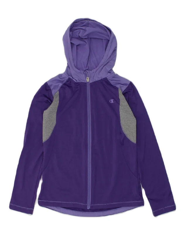 CHAMPION Girls Zip Hoodie Sweater 8-9 Years Medium Purple Colourblock