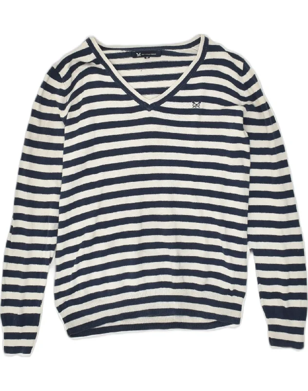 CREW CLOTHING Girls V-Neck Jumper Sweater 11-12 Years Navy Blue Striped