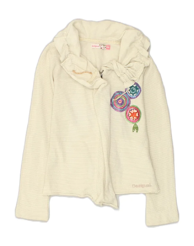 DESIGUAL Girls Cardigan Sweater 9-10 Years Off White Patchwork Cotton