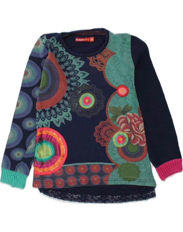 DESIGUAL Girls Crew Neck Jumper Sweater 9-10 Years Navy Blue Geometric