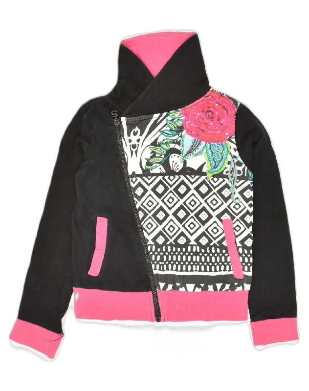 DESIGUAL Girls Graphic Cardigan Sweater 7-8 Years Black Floral Cotton